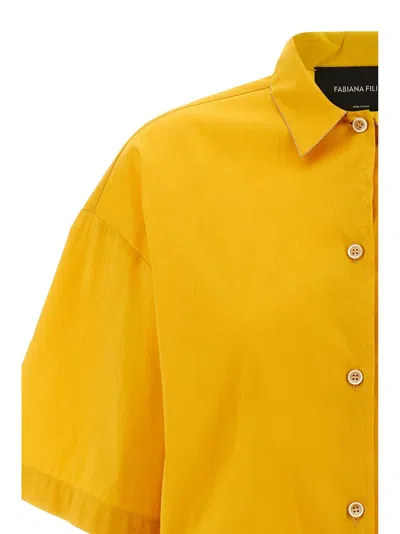 Fabiana Filippi Rhinestone-piped Cotton Blend Shirt With Drawstring Hem In Yellow