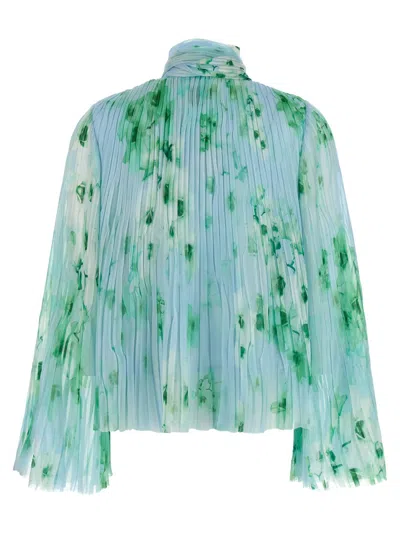 Pinko Pleated Sheer Floral Bow Long Sleeves In Blue