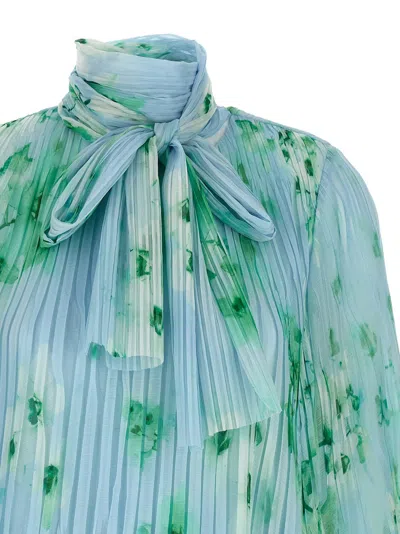 Pinko Pleated Sheer Floral Bow Long Sleeves In Blue