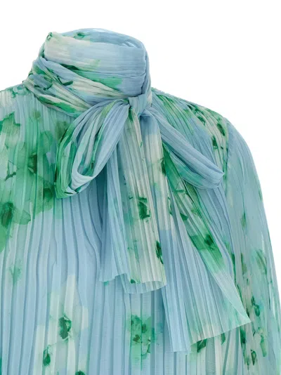 Pinko Pleated Sheer Floral Bow Long Sleeves In Blue