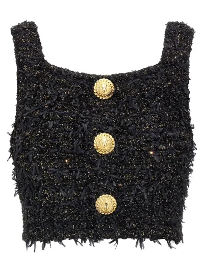 Balmain Lurex-thread Tweed Crop Top With Fringed Detail In Black