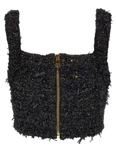Balmain Lurex-thread Tweed Crop Top With Fringed Detail In Black
