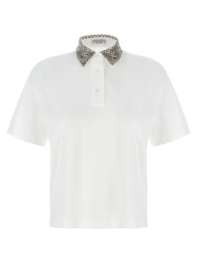 Brunello Cucinelli Embroidered Collar Piqué Cotton Polo Shirt In White