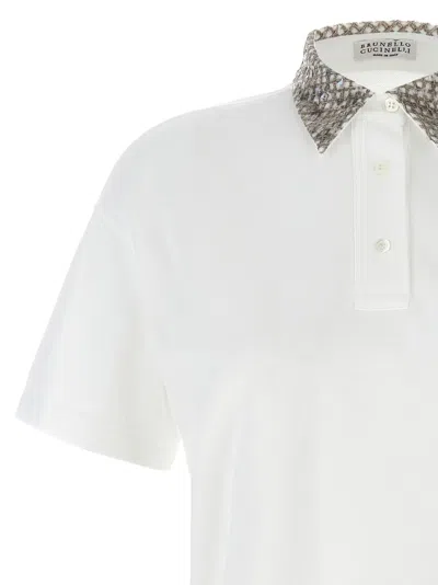 Brunello Cucinelli Embroidered Collar Piqué Cotton Polo Shirt In White