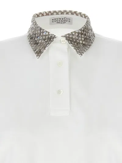 Brunello Cucinelli Embroidered Collar Piqué Cotton Polo Shirt In White