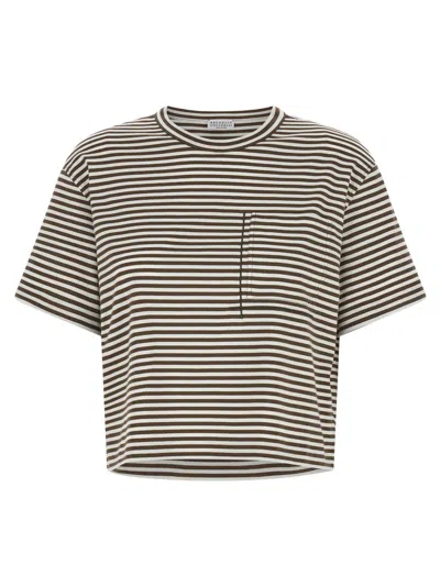 Brunello Cucinelli Striped Cropped T-shirt With Jewel Detail In Multi