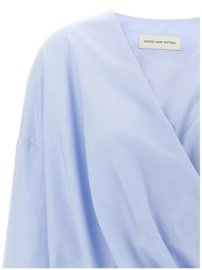 Dries Van Noten Draped V-neck Blouse Buttoned Cuffs In Blue