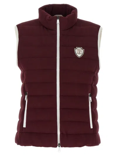 Brunello Cucinelli Logo Quilted High Collar Sleeveless Jacket In Burgundy