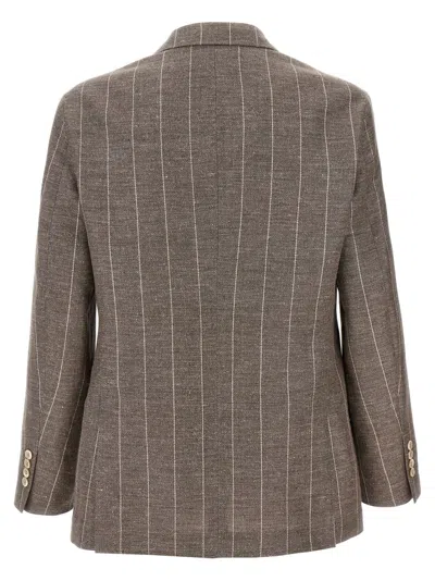 Brunello Cucinelli Deconstructed Blazer With Striped Pattern And Button Detailing In Brown