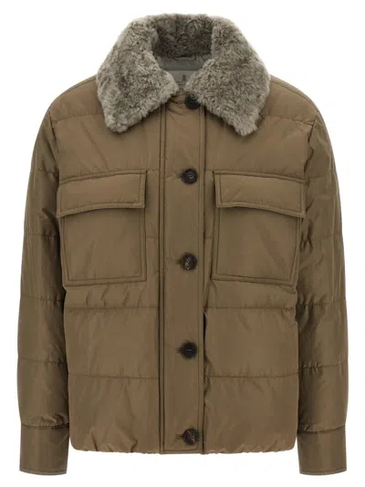 Brunello Cucinelli Quilted Coat With Plush Shearling Collar And Flap Pockets