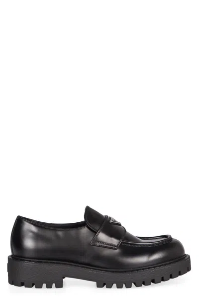 Prada Polished Black Leather Loafers With Chunky Rubber Sole In Black