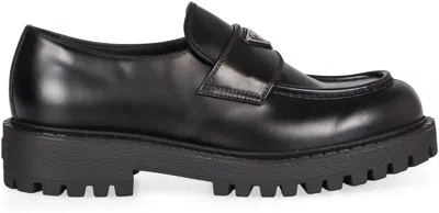 Prada Polished Black Leather Loafers With Chunky Rubber Sole In Black