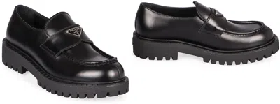 Prada Polished Black Leather Loafers With Chunky Rubber Sole In Black