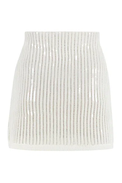 Self-portrait Mini Skirt In Semi-sheer White Knit With Vertical Openwork Stripes In White