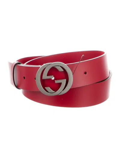 Pre-owned Gucci Men's  Calfskin Interlock Gg Leather Belt In Red