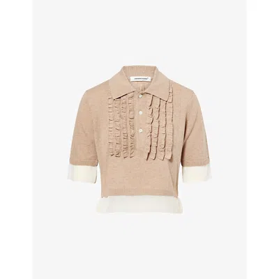 Undercover Womens Light Beige Contrast-crepe Frilled Wool And Cotton Polo Knit