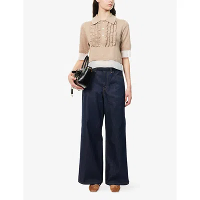 Undercover Womens Light Beige Contrast-crepe Frilled Wool And Cotton Polo Knit