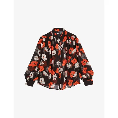 The Kooples Womens Black Red Off White Floral-print Long-sleeve Woven Shirt In Black