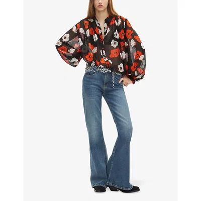 The Kooples Womens Black Red Off White Floral-print Long-sleeve Woven Shirt In Black