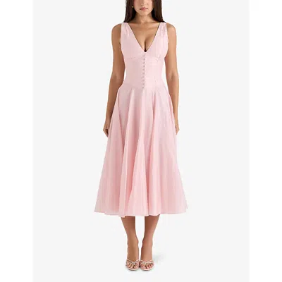 House Of Cb Womens Pink Samira Button-embellished Chiffon Midi Dress In Pink