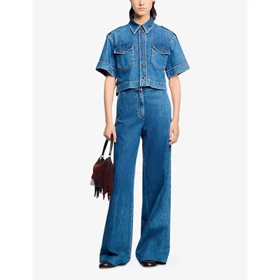 Sandro Womens Blue Jean Cropped Chest-pocket Denim Shirt