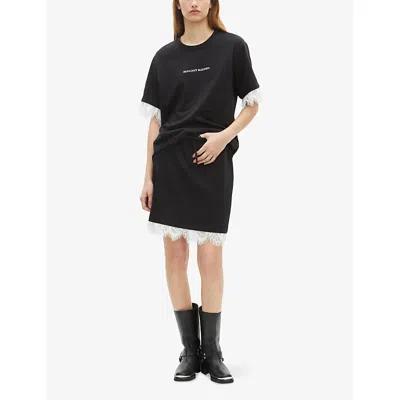 The Kooples Womens Black Slogan-print Lace-trim Cotton T-shirt Xs