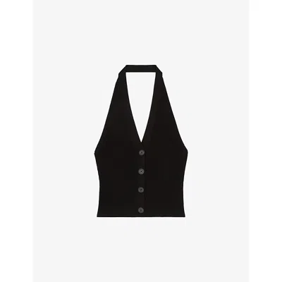 The Kooples Womens Black Halter-neck Button-down Ribbed Knitted Top Xs In Black