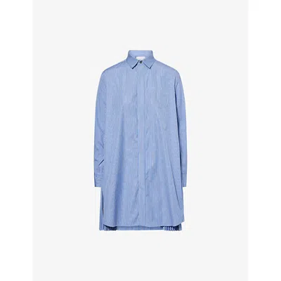 Sacai Womens Blue Stripe Striped Pleated Cotton-poplin Mini Dress In Blue