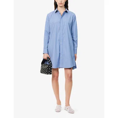 Sacai Womens Blue Stripe Striped Pleated Cotton-poplin Mini Dress In Blue