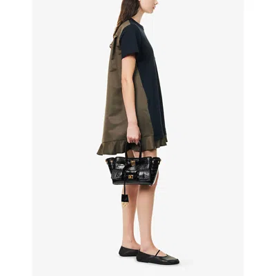 Sacai Womens Navy Khaki Pleated-contrast Short-sleeves Cotton-jersey Mini Dress In Black
