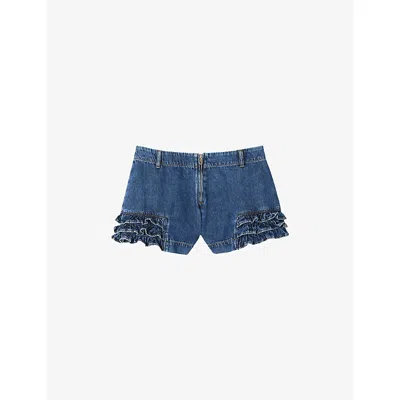Sandro Womens Blue Jean Ruffled-hem Mid-rise Denim Shorts
