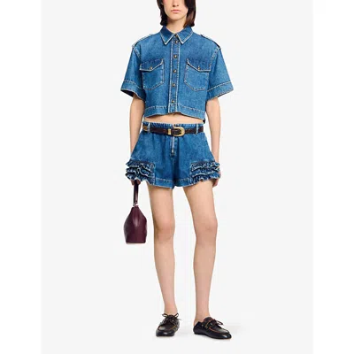 Sandro Womens Blue Jean Ruffled-hem Mid-rise Denim Shorts