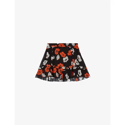 The Kooples Womens Black Red Off White Floral-print Asymmetric-hem Woven Mini Skirt In Black