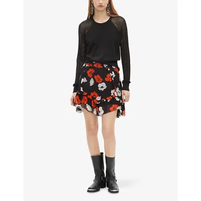 The Kooples Womens Black Red Off White Floral-print Asymmetric-hem Woven Mini Skirt In Black