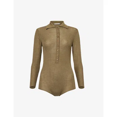 The Frankie Shop Womens Khaki Solana Ribbed Polo Wool Knitted Bodysuit
