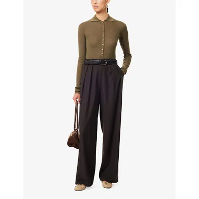 The Frankie Shop Womens Khaki Solana Ribbed Polo Wool Knitted Bodysuit