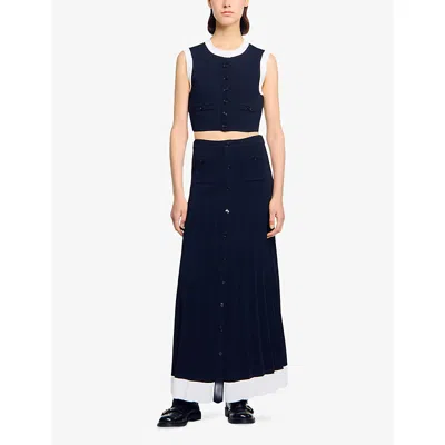 Sandro Womens Navy Blue Contrast-hem Button-down Knitted Maxi Skirt