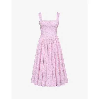 House Of Cb Womens Pink Rose Print Amara Floral-print Lace-embroidered Stretch-cotton Midi Dress