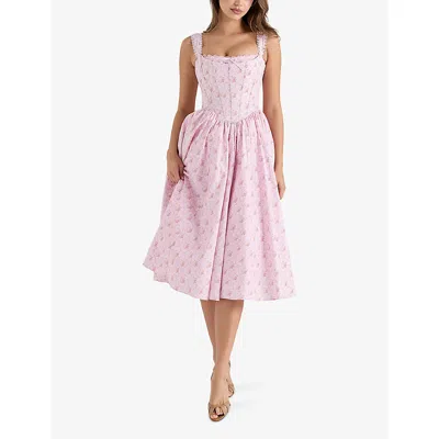 House Of Cb Womens Pink Rose Print Amara Floral-print Lace-embroidered Stretch-cotton Midi Dress