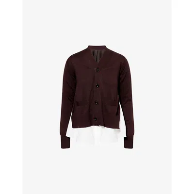 Sacai Womens Brown Off White Contras-panel V-neck Cotton-blend Cardigan