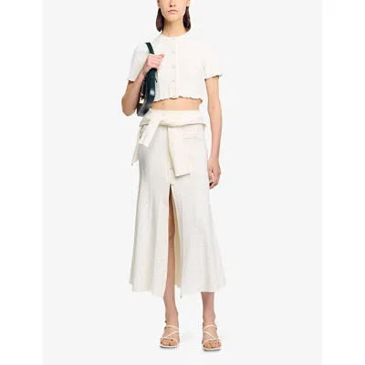 Sandro Womens Ecru Cropped Pointelle-texture Knitted Top In Neutral