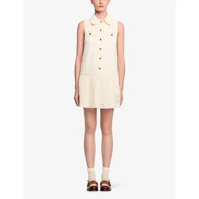 Sandro Womens Ecru Sleeveless Chest-pocket Lace Mini Dress In White