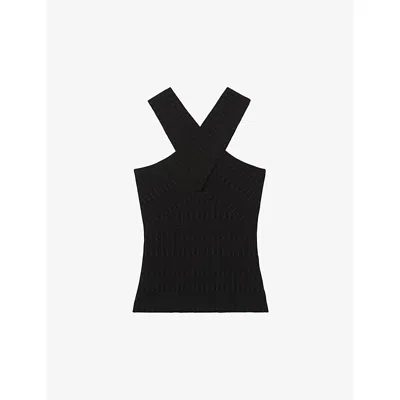 Reiss Womens Black Alex Crossover-neck Stretch-knit Top In Black