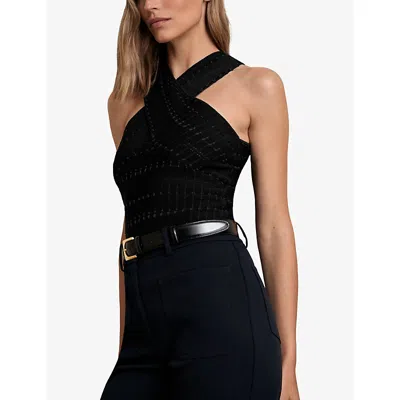 Reiss Womens Black Alex Crossover-neck Stretch-knit Top In Black