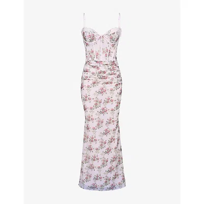 House Of Cb Womens Cream Rose Print Calista Floral-print Body-con Stretch-mesh Maxi Dress