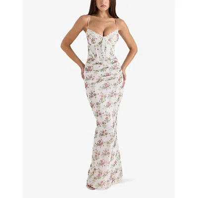 House Of Cb Womens Cream Rose Print Calista Floral-print Body-con Stretch-mesh Maxi Dress