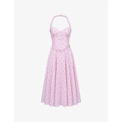 House Of Cb Womens Pink Rose Georgie Floral-print Stretch-cotton Midi Dress