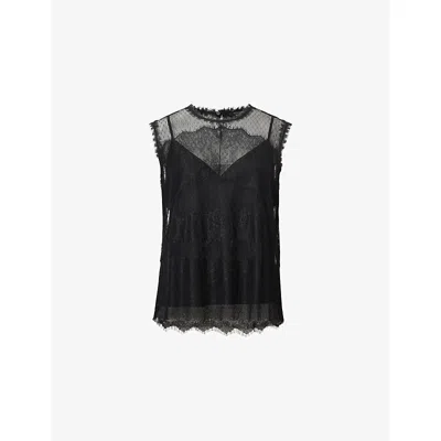 Allsaints Womens Black Clara Lace-embroidered Scalloped-hem Woven Top In Black