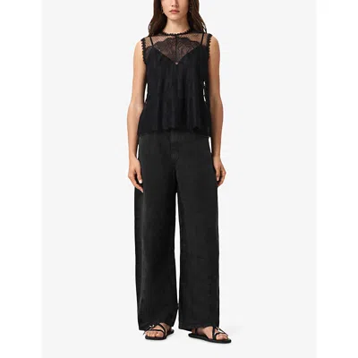 Allsaints Womens Black Clara Lace-embroidered Scalloped-hem Woven Top In Black
