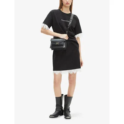 The Kooples Womens Black Lace-hem Drawstring-waist Cotton Mini Skirt